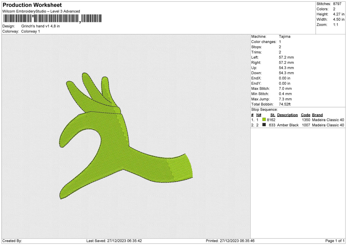 Grinch's hand v1 Embroidery File 6 size