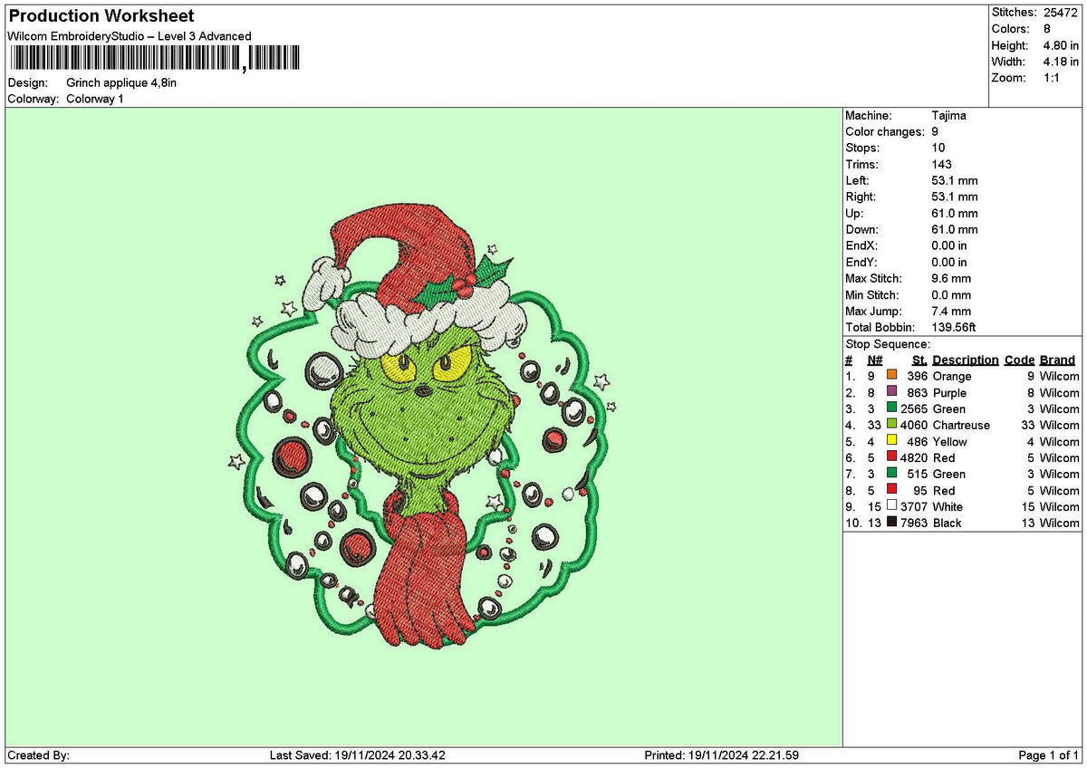 Grinch App 1911 Embroidery File 6 sizes