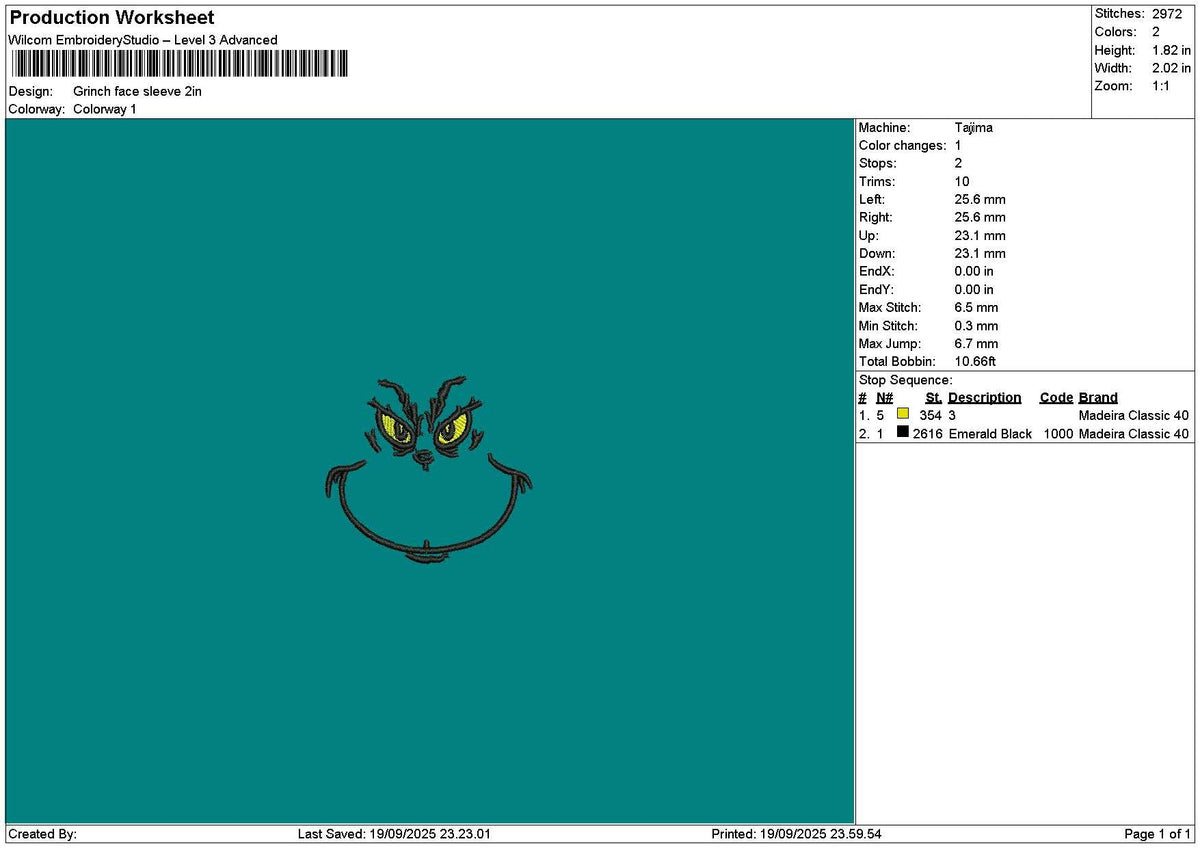 Grinchface 1909 Embroidery File 6 sizes