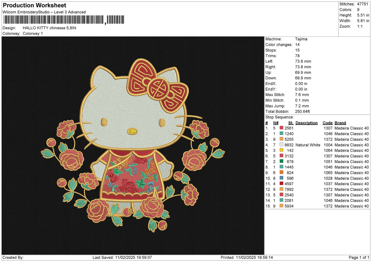 HALLO KITTY chinesse Embroidery File 6 size