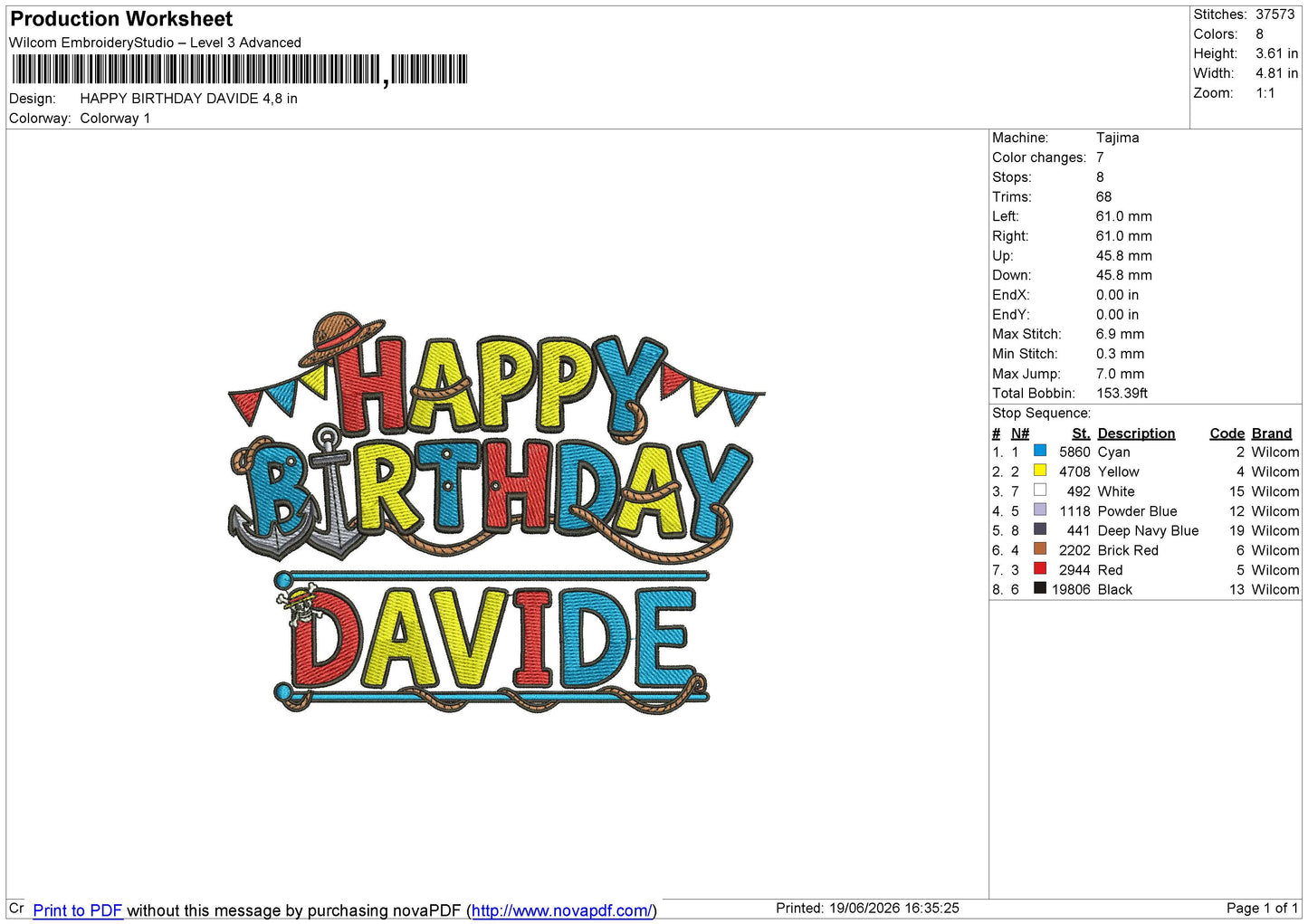 HAPPY BIRTHDAY DAVIDE Embroidery File 6 sizes