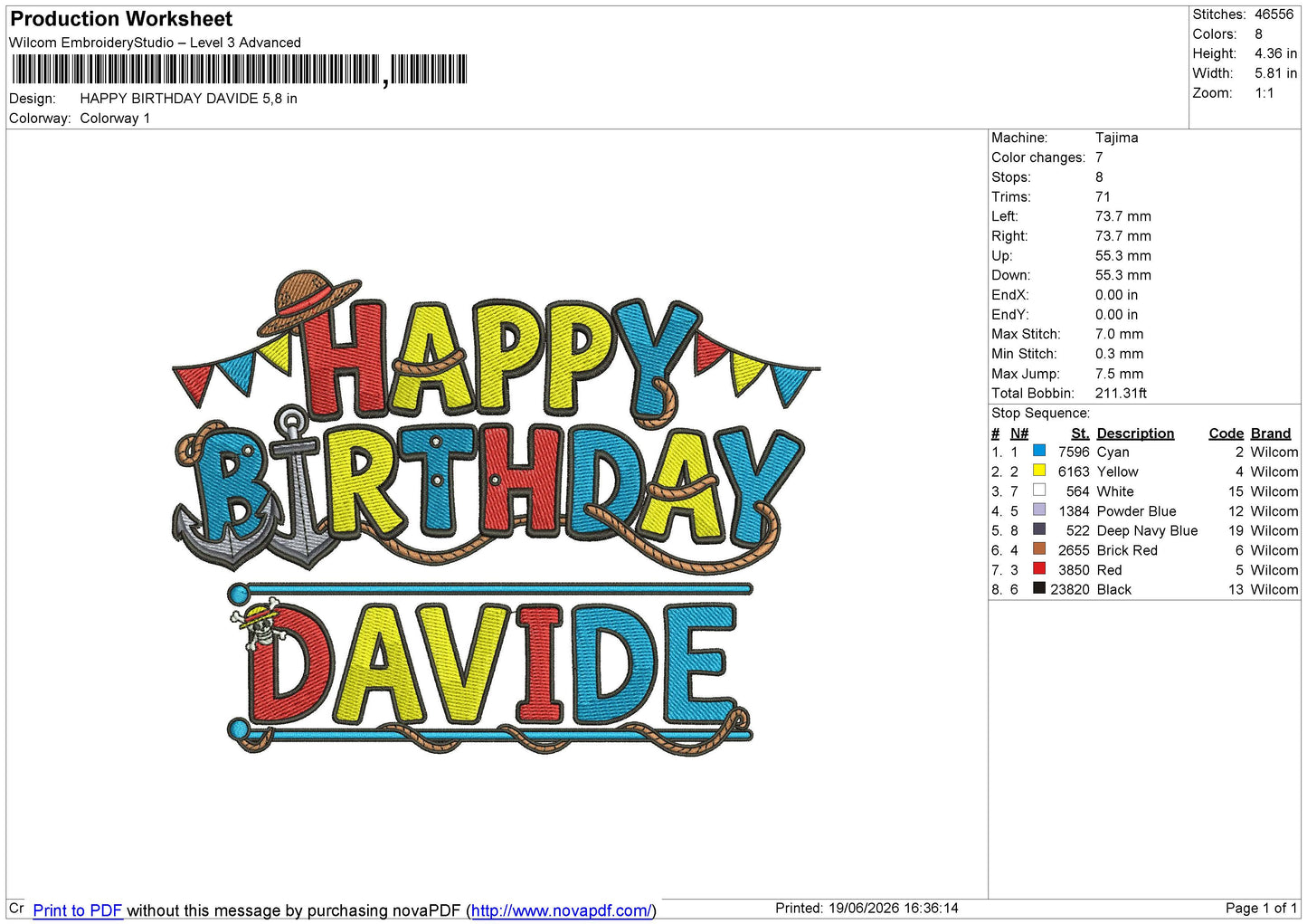 HAPPY BIRTHDAY DAVIDE Embroidery File 6 sizes
