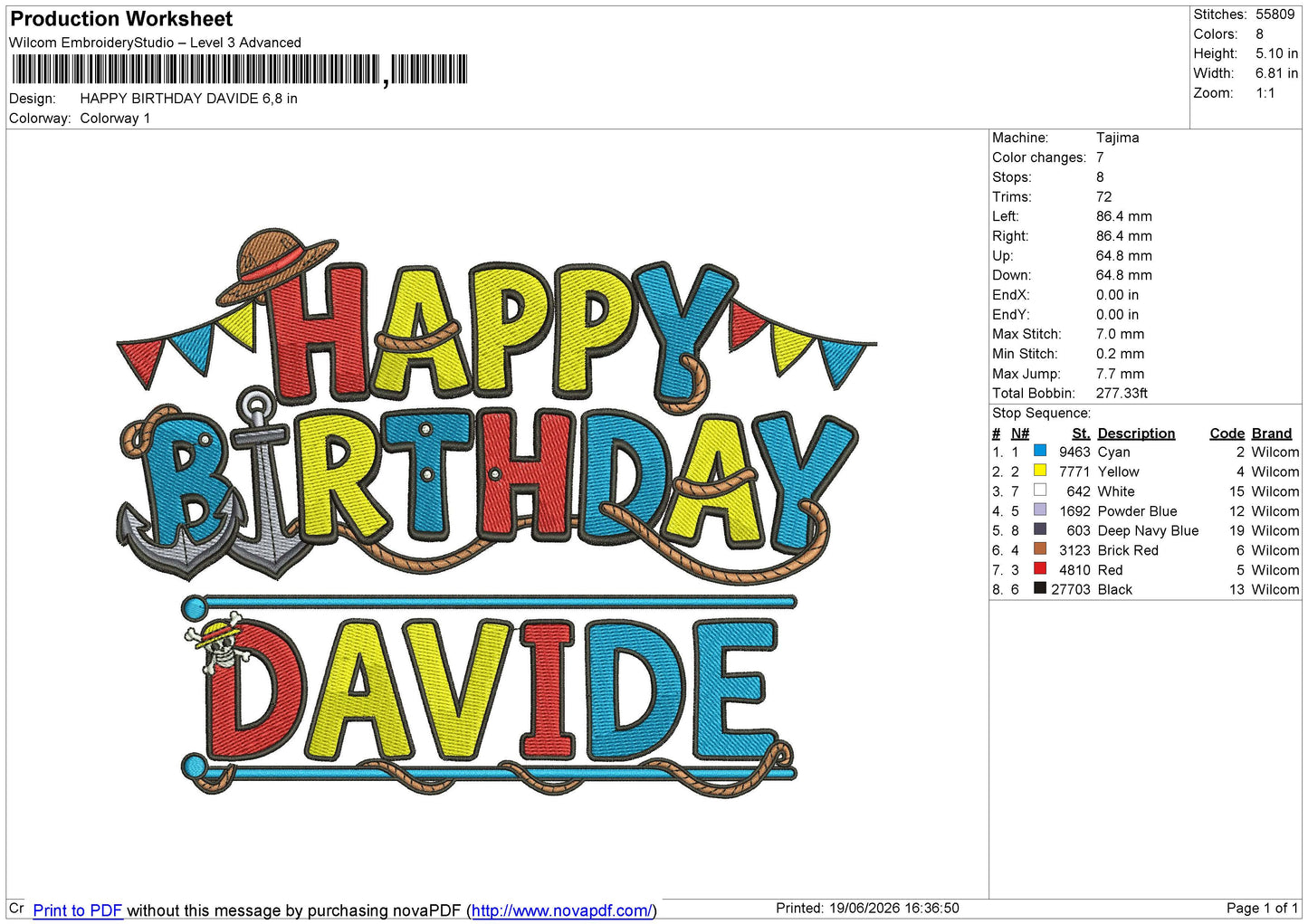 HAPPY BIRTHDAY DAVIDE Embroidery File 6 sizes