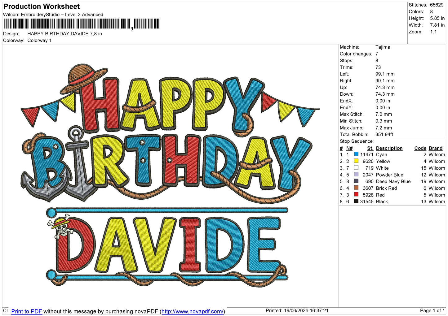 HAPPY BIRTHDAY DAVIDE Embroidery File 6 sizes