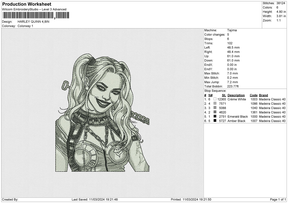 HARLEY QUINN Embroidery File 12 size