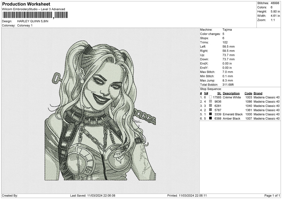 HARLEY QUINN Embroidery File 12 size
