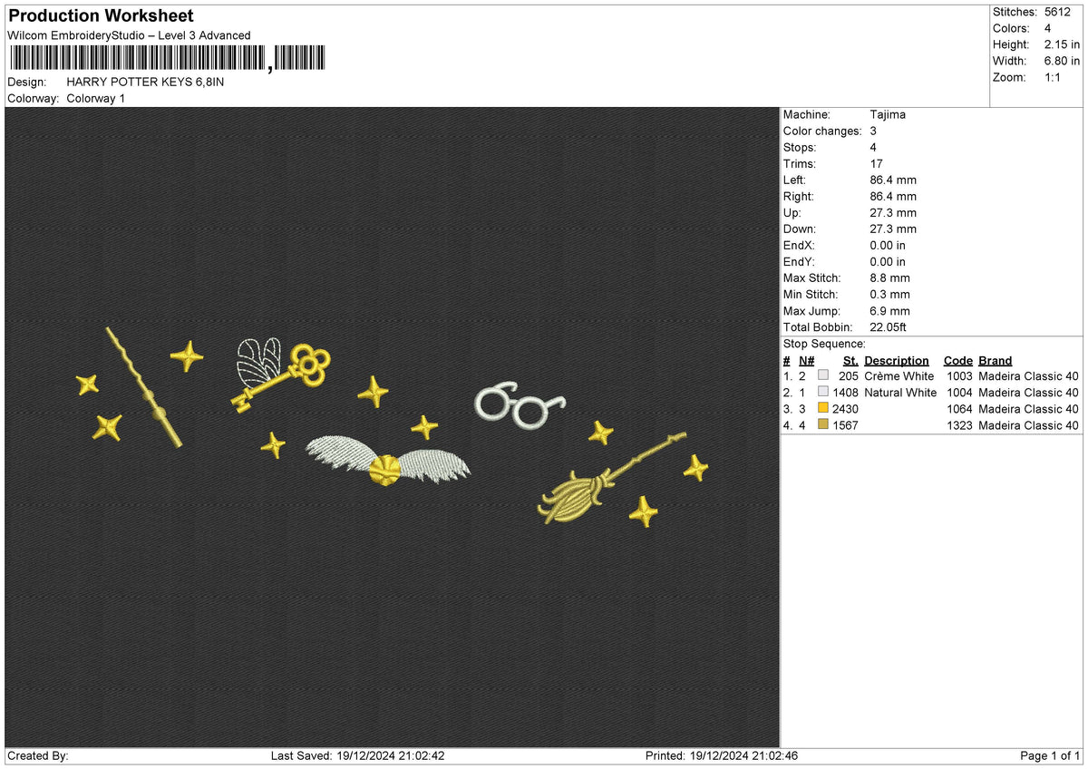 HARRY POTTER KEYS Embroidery File 6 size
