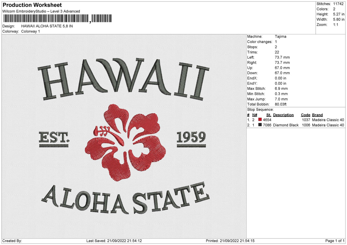HAWAII ALOHA STATE Embroidery