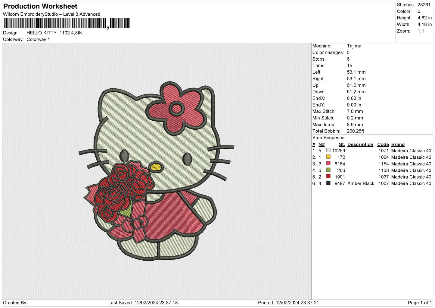 HELLO KITTY  1102 Embroidery File 6 size