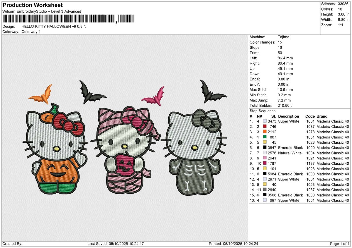 HELLO KITTY HALLOWEEN v9 Embroidery File 6 size