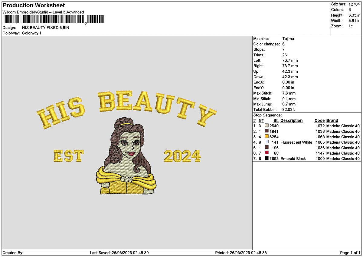 Belle Text 2503 Embroidery File 6 sizes