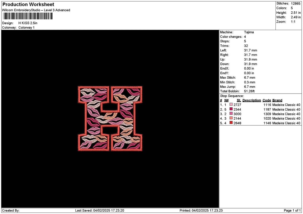 H Lips Embroidery File 6 sizes