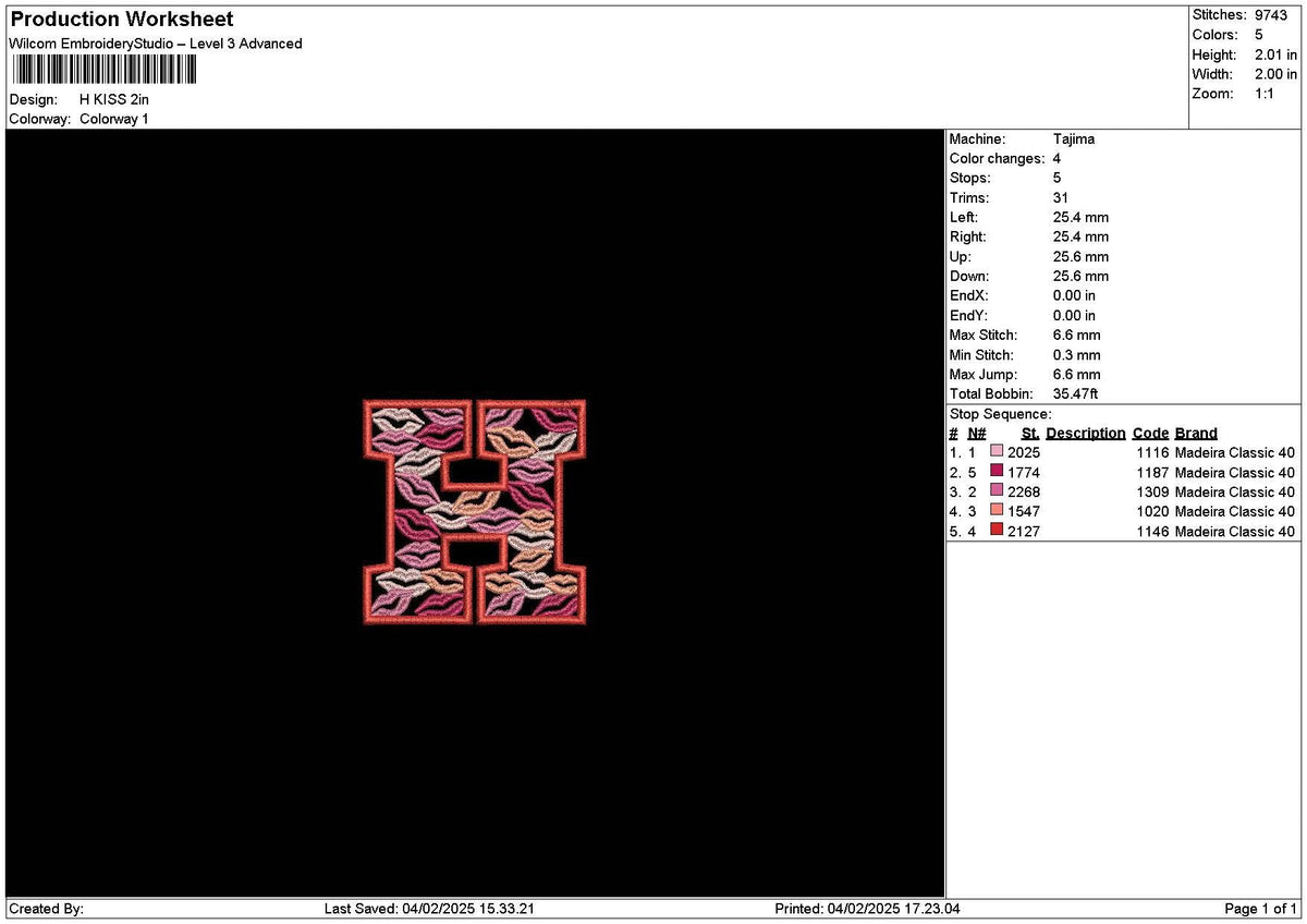 H Lips Embroidery File 6 sizes