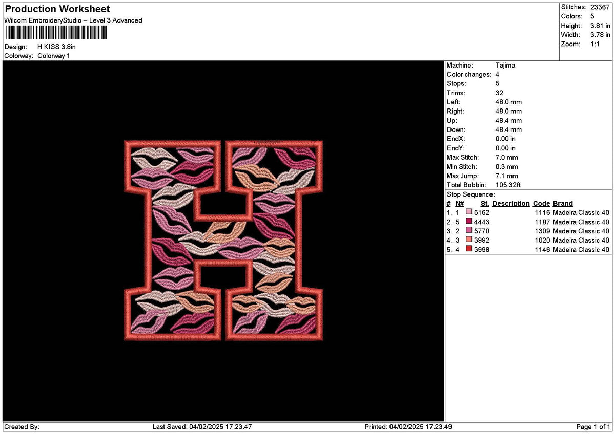 H Lips Embroidery File 6 sizes