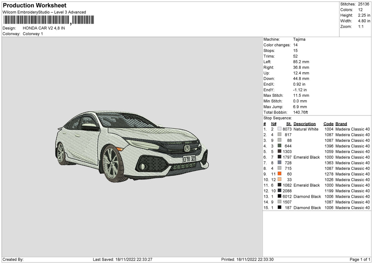 Honda Car V2 Embroidery File 6 sizes