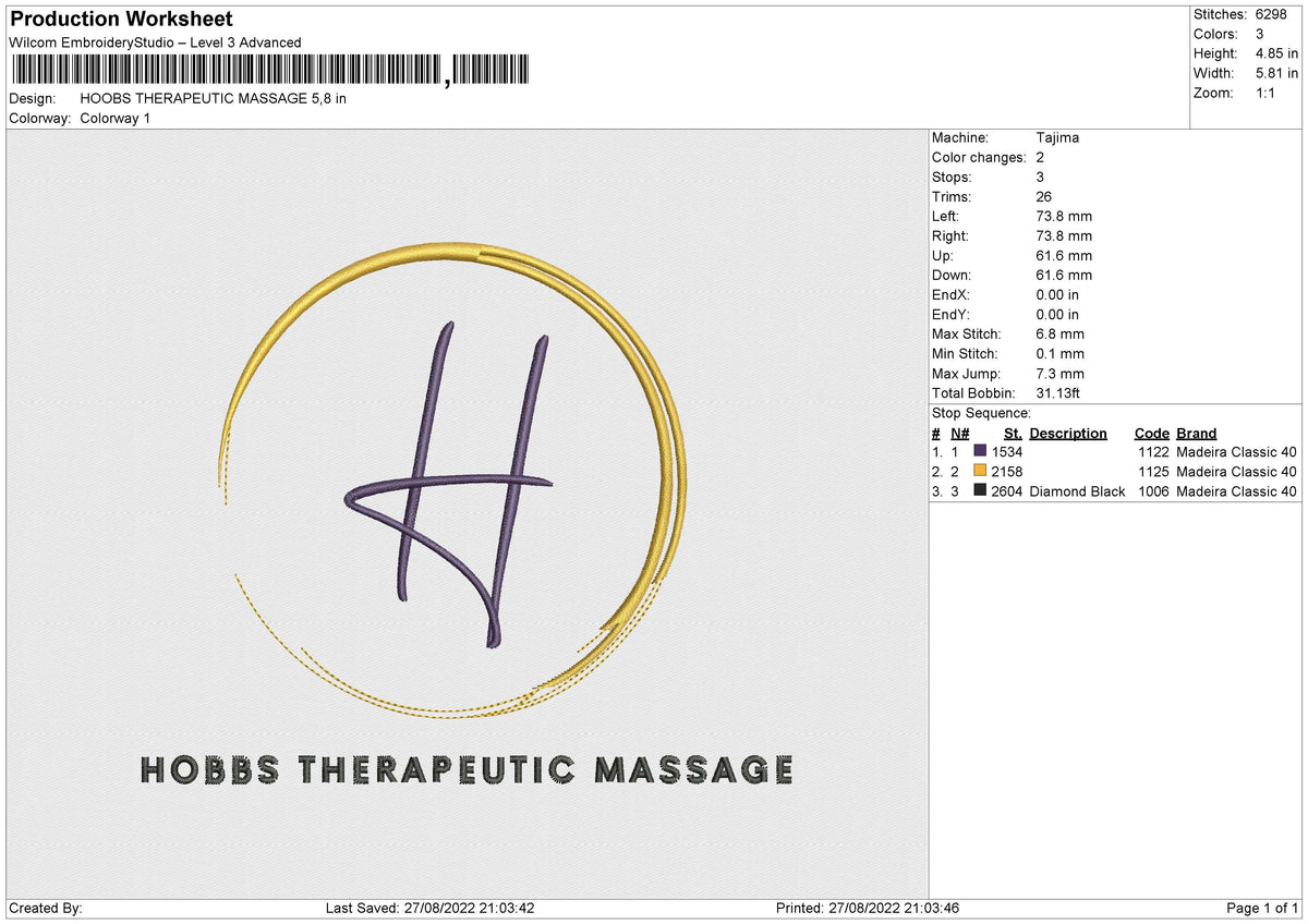 HOOBS THERAPEUTIC MASSAGE Embroidery