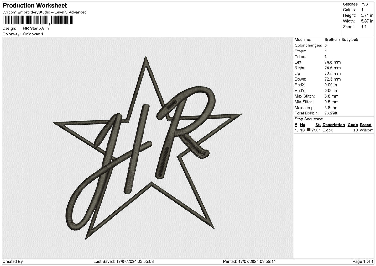 HR Star Embroidery File 6 size