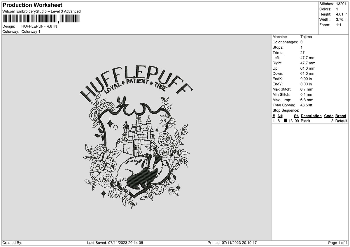 Hufflepuff 0711 Embroidery File 6 sizes