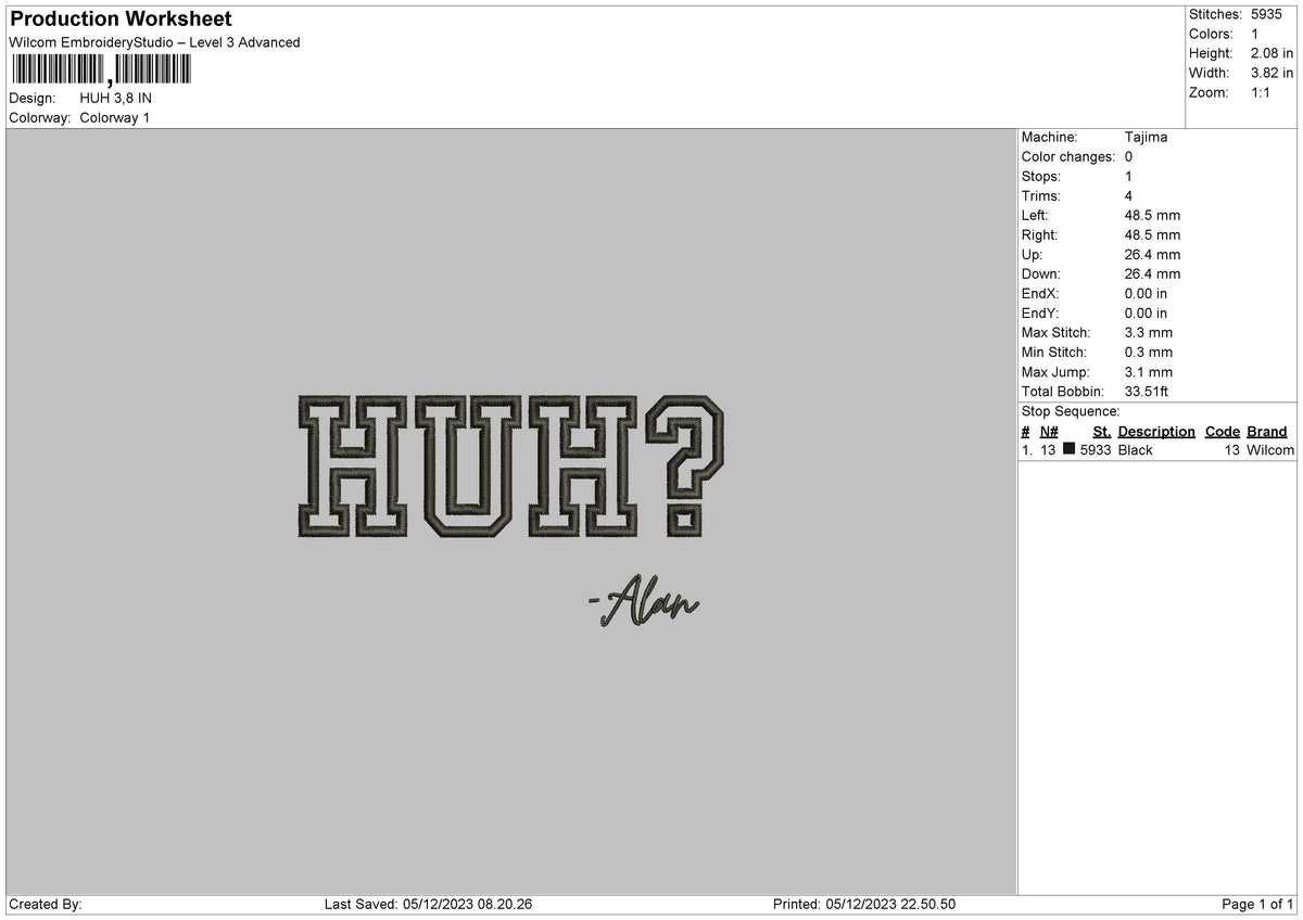Huh Text Embroidery File 6 sizes