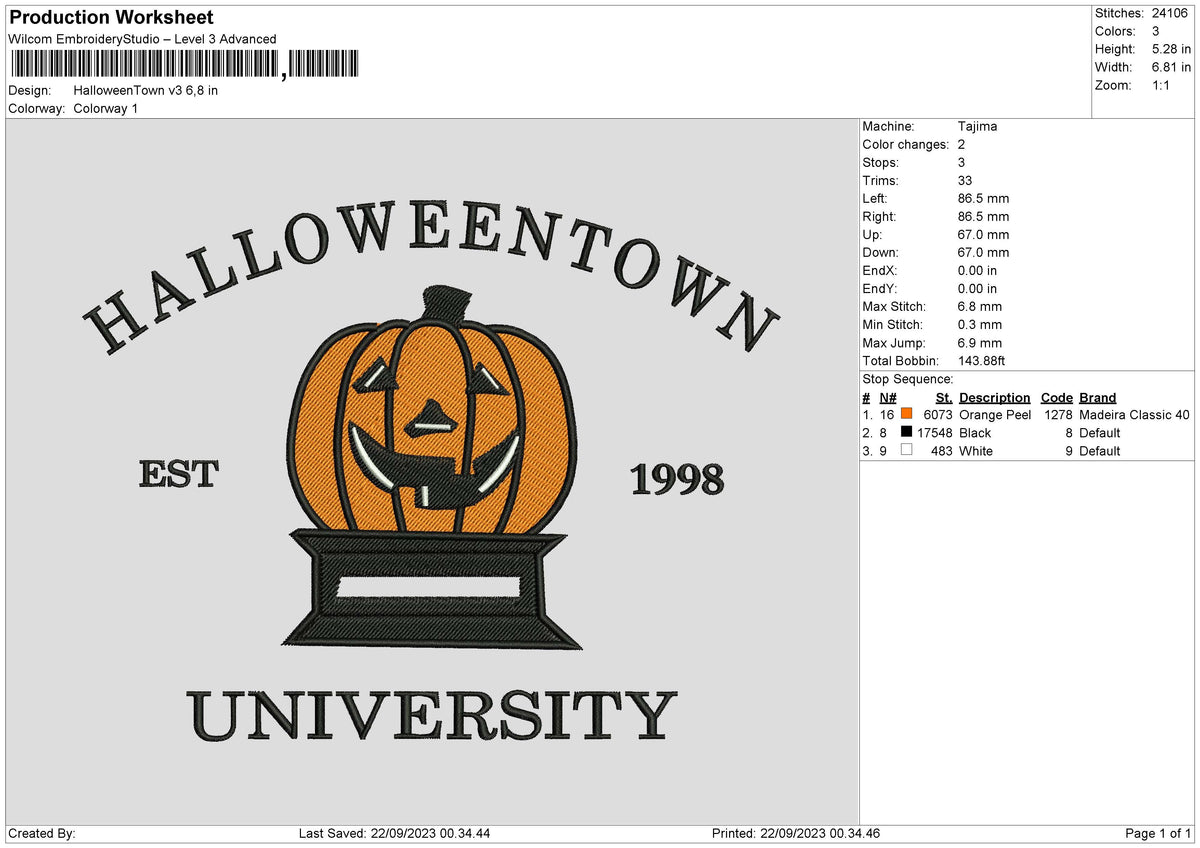 Hallotown V3 Embroidery File 6 sizes