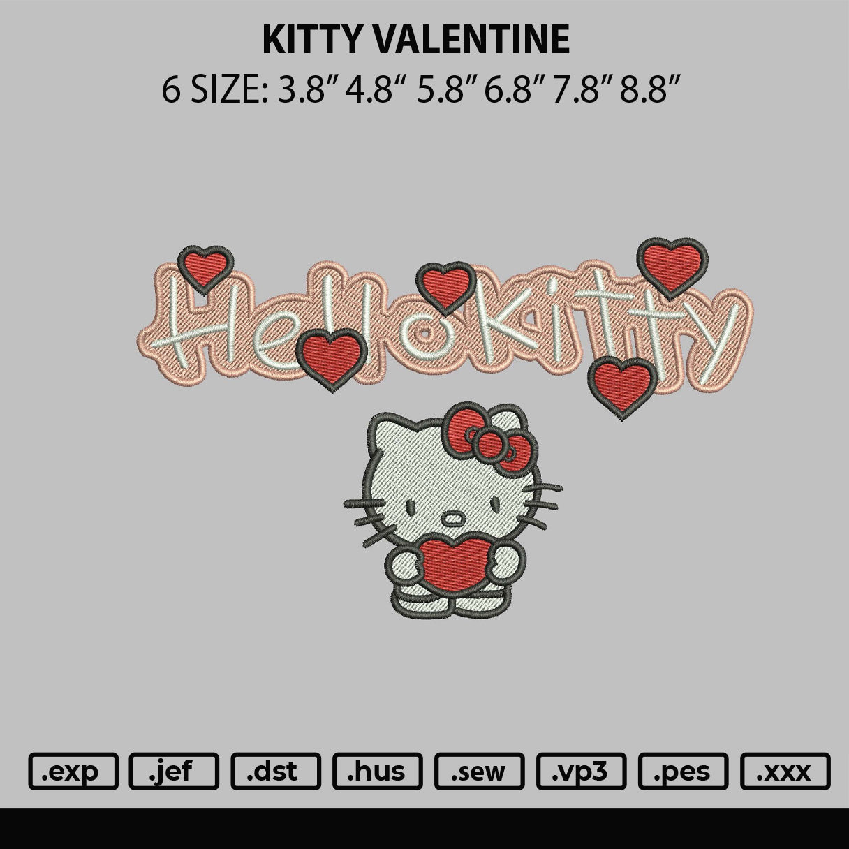 kitty valentine Embroidery File 6 sizes