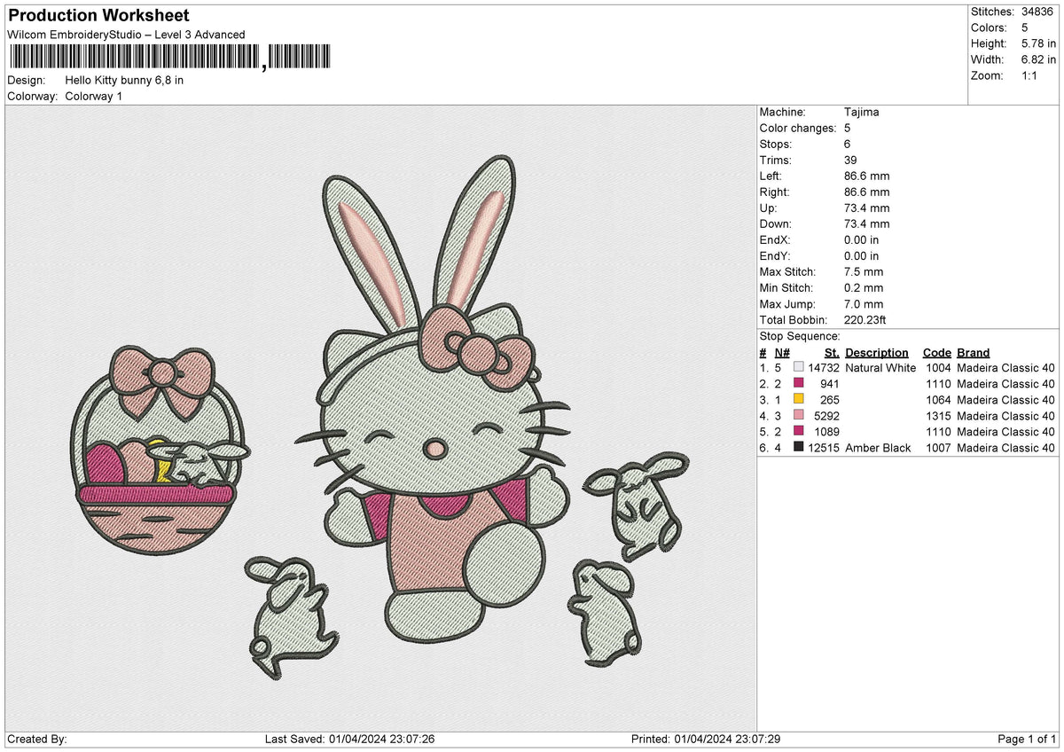 Hello Kitty bunny Embroidery File 6 size