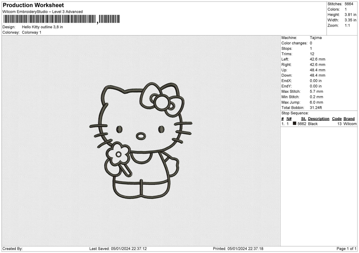 Hello Kitty Outline v2 Embroidery File 6 size