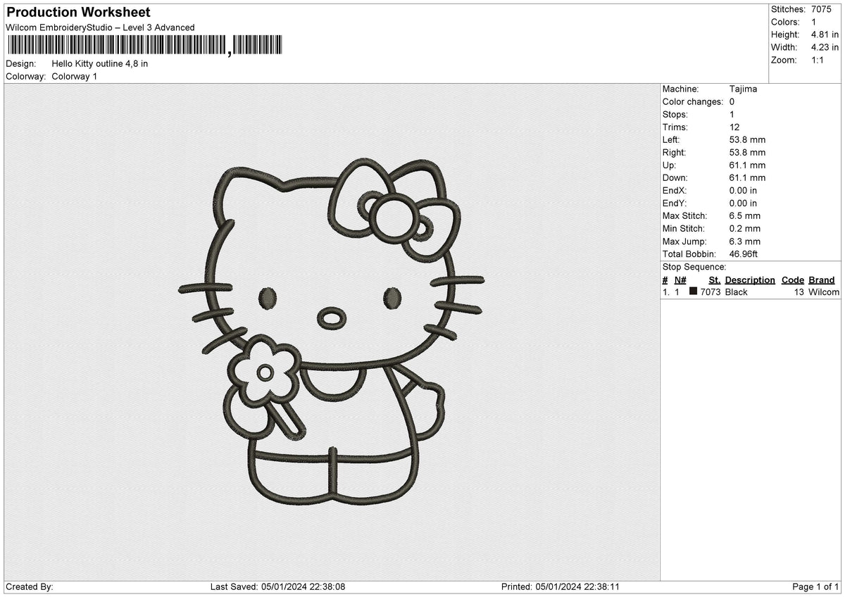 Hello Kitty Outline v2 Embroidery File 6 size