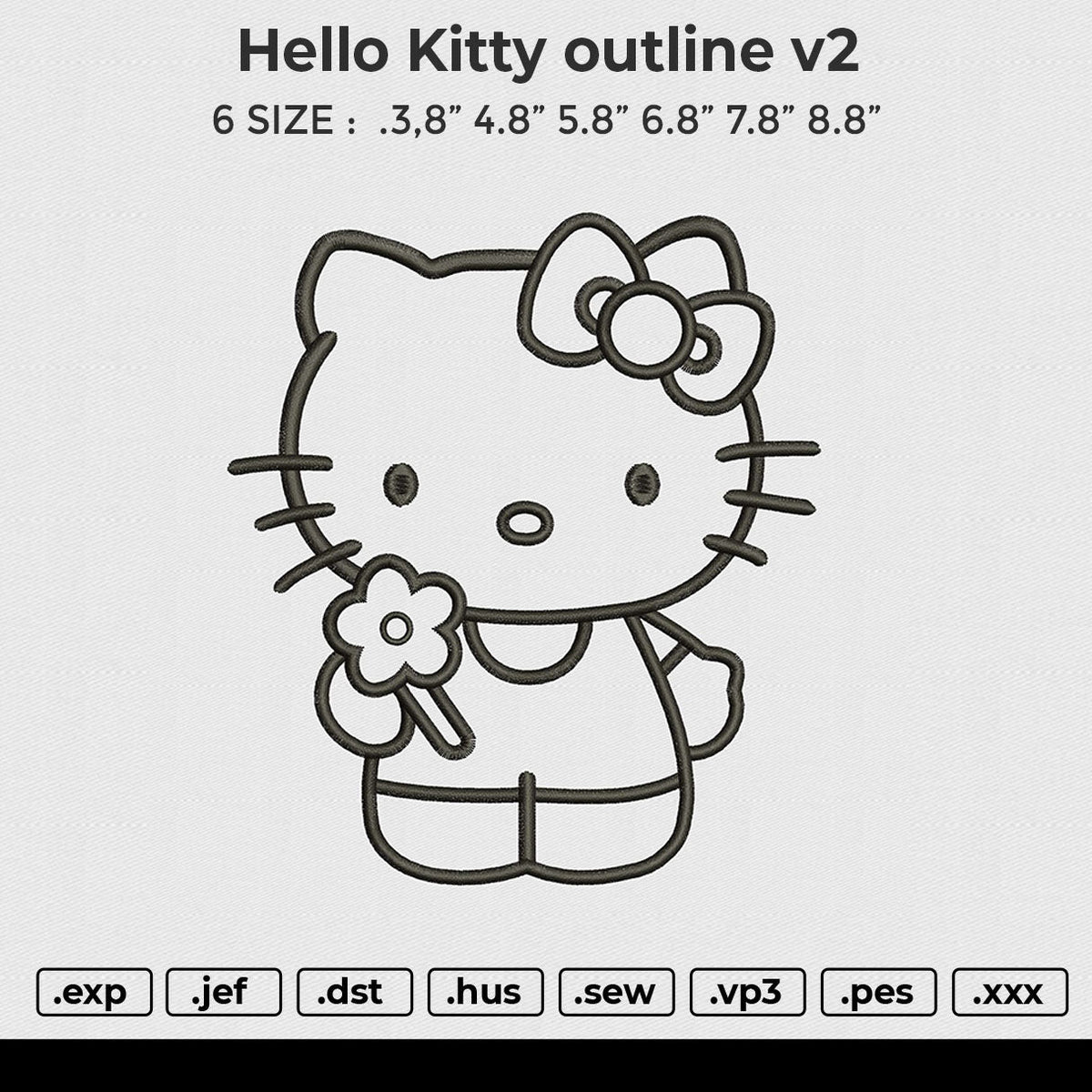 Hello Kitty Outline v2 Embroidery File 6 size