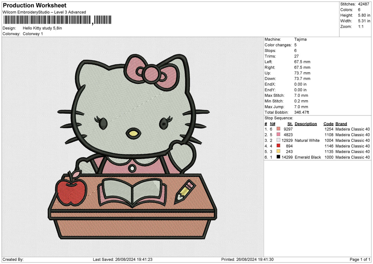 Hello Kitty Study Embroidery File 6 size