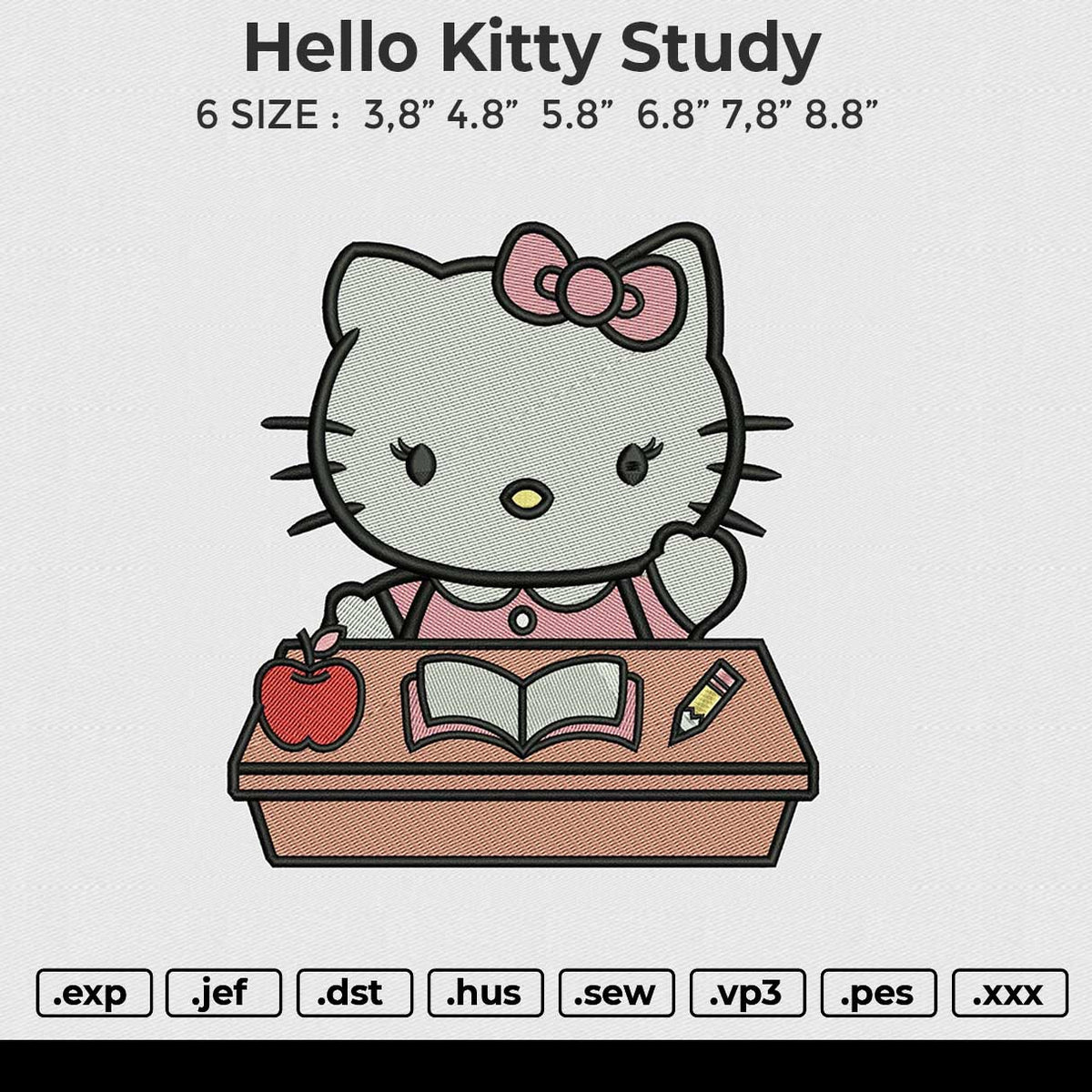 Hello Kitty Study Embroidery File 6 size