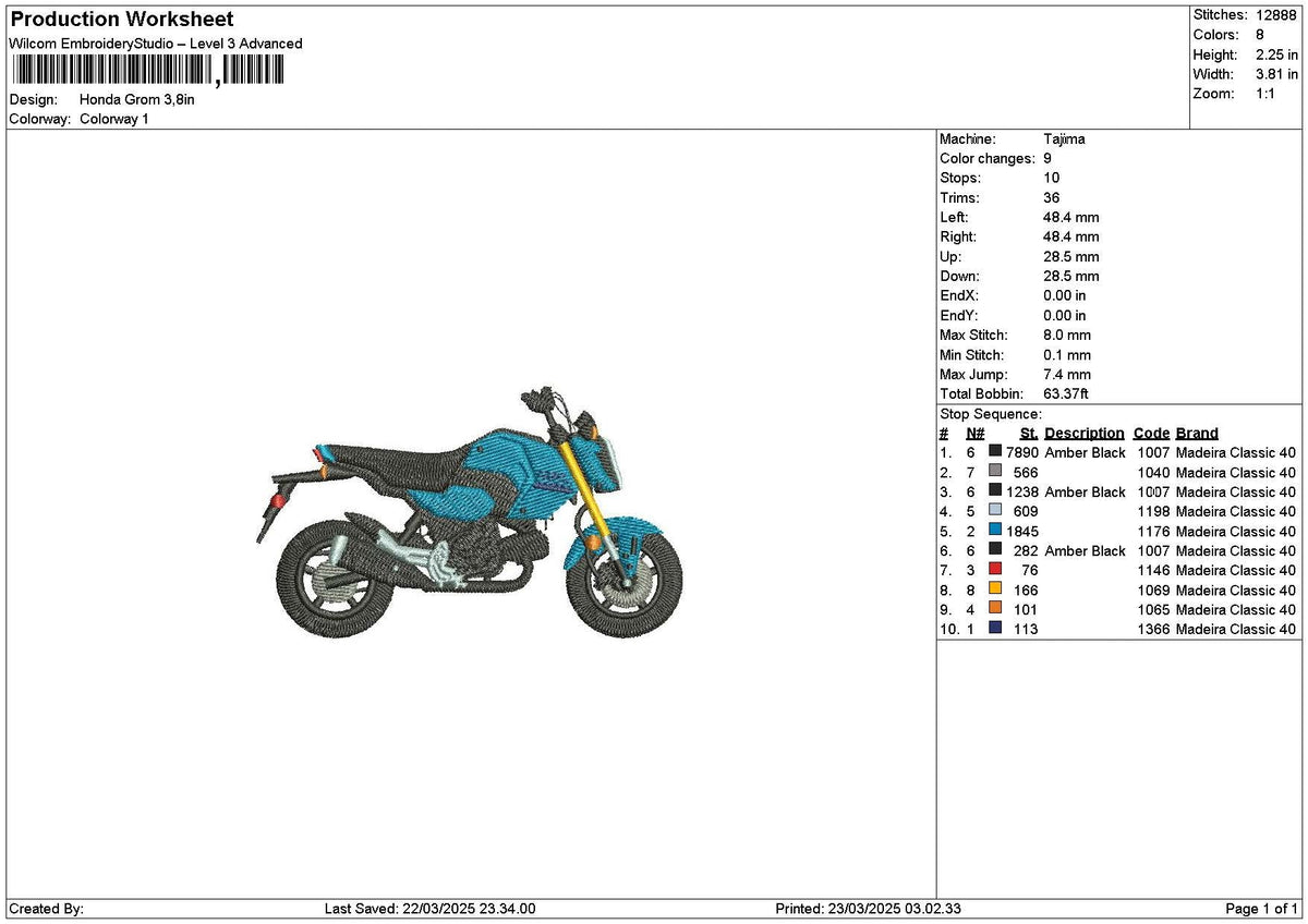Blue Motorcycle 2303 Embroidery File 6 sizes