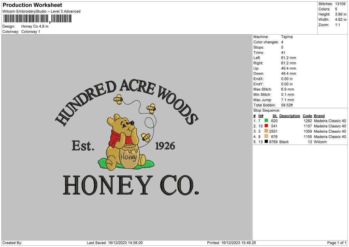 Honeypooh Embroidery File 6 sizes