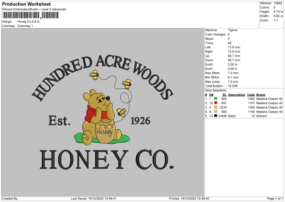 Honeypooh Embroidery File 6 sizes