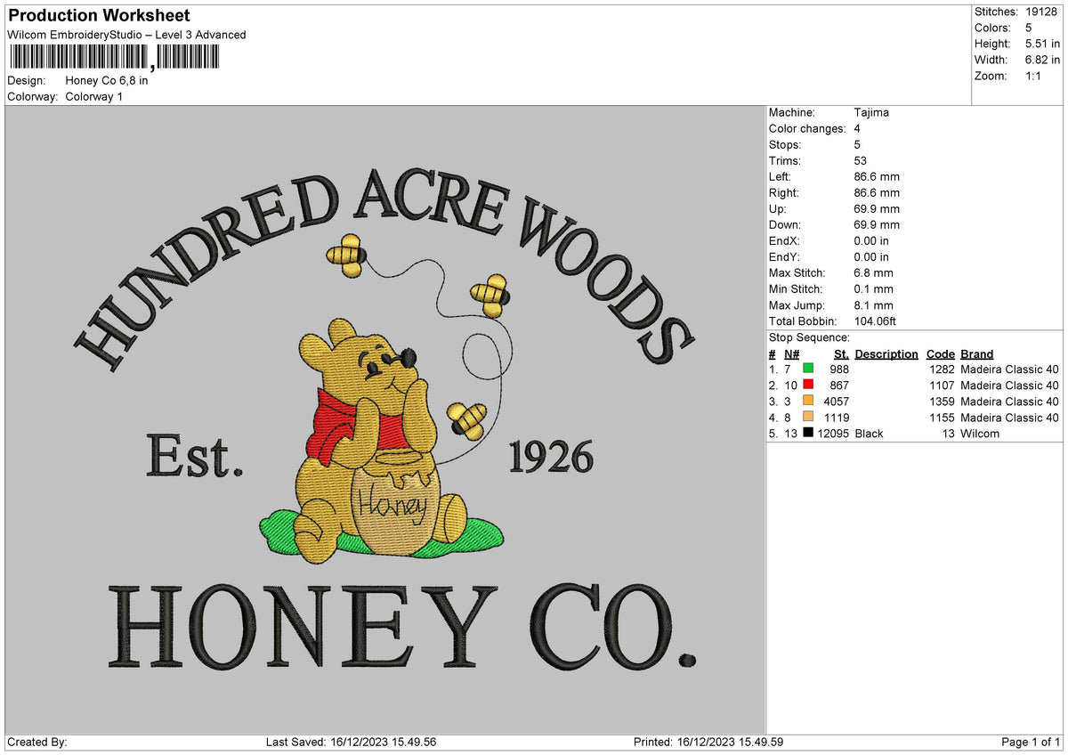 Honeypooh Embroidery File 6 sizes