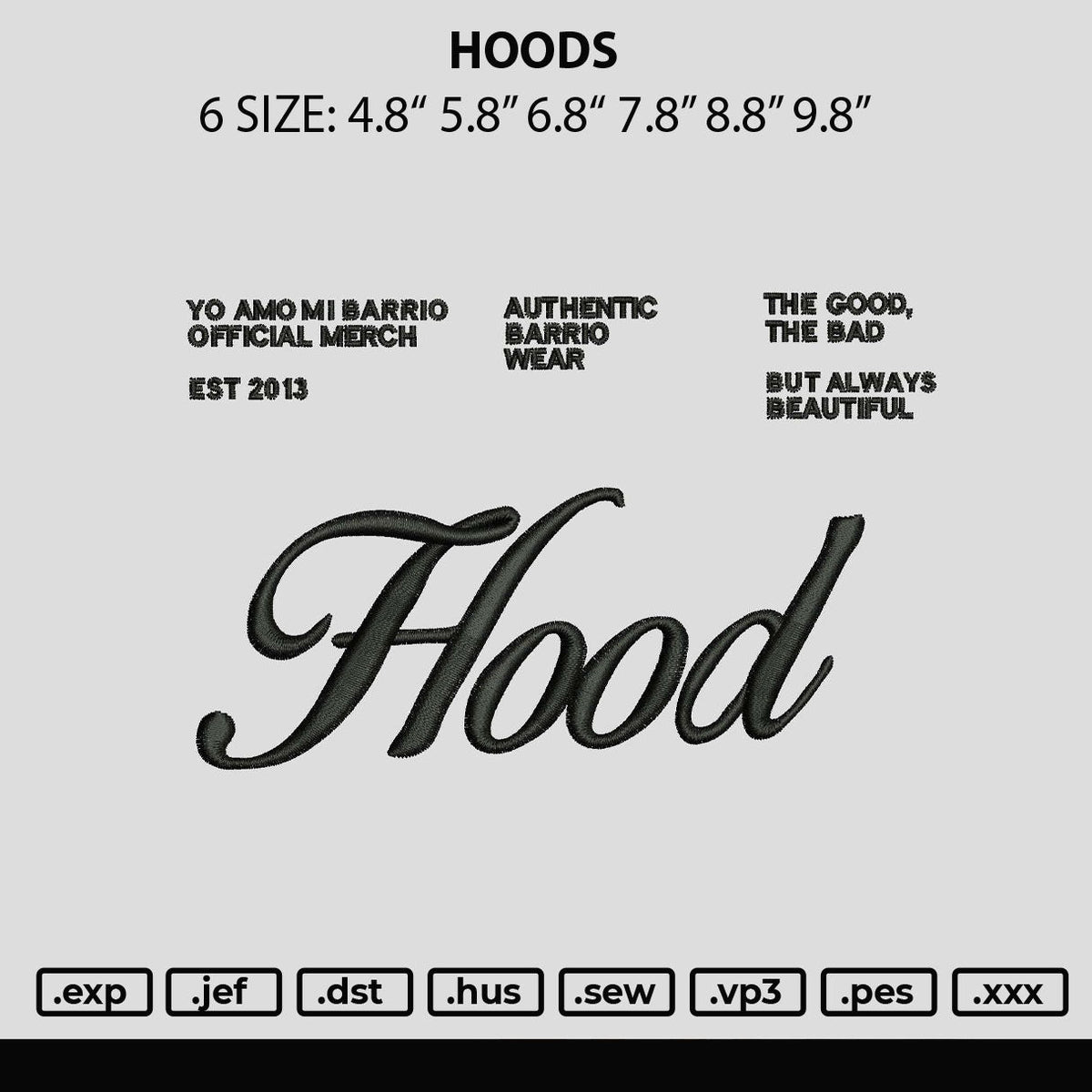 Hoods Embroidery File 6 sizes