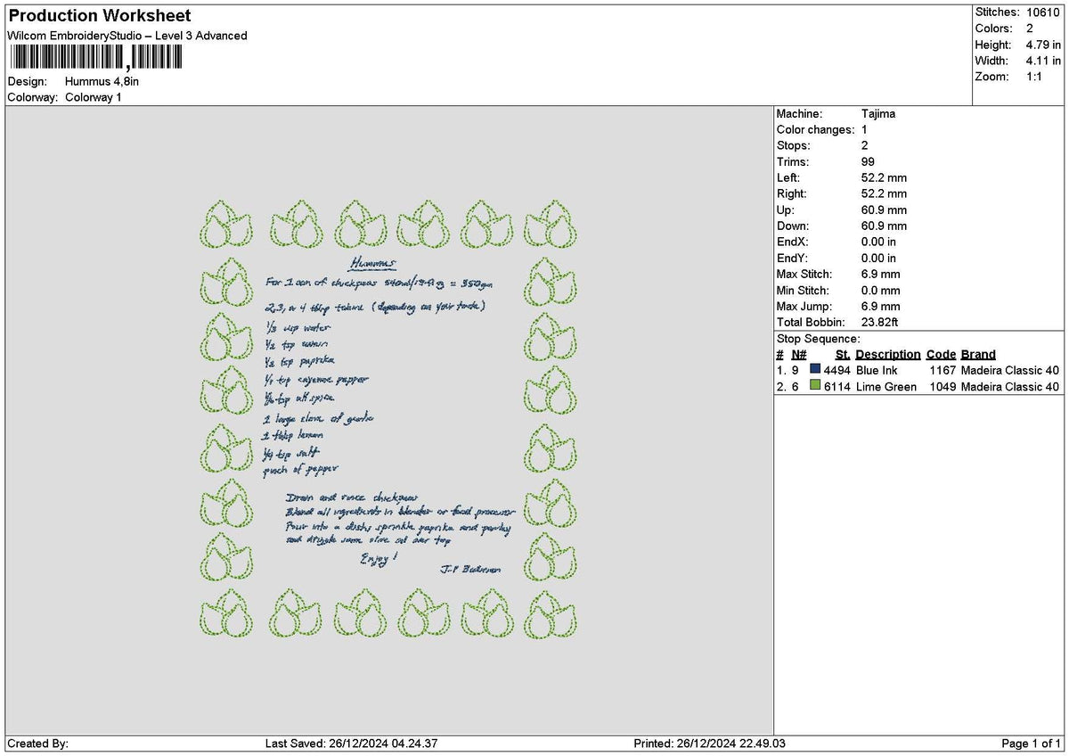 Hummus Receipt Embroidery File 6 sizes