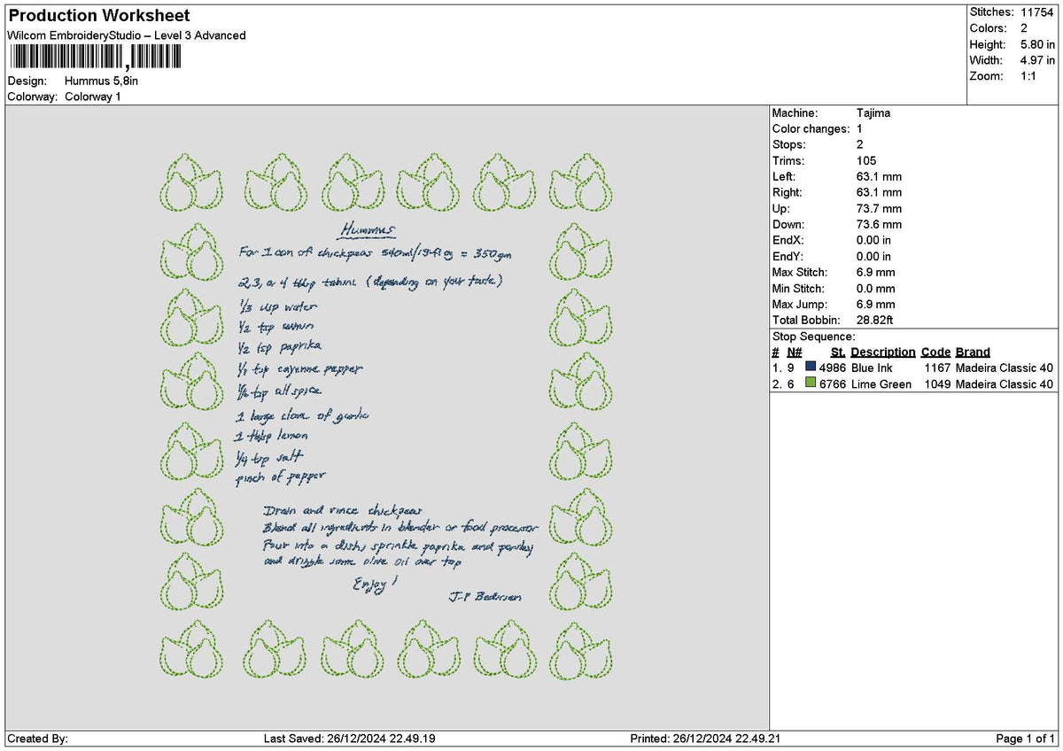 Hummus Receipt Embroidery File 6 sizes