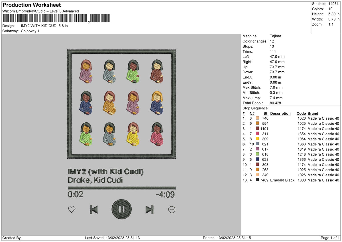 Player Song 01 Embroidery File 6 sizes