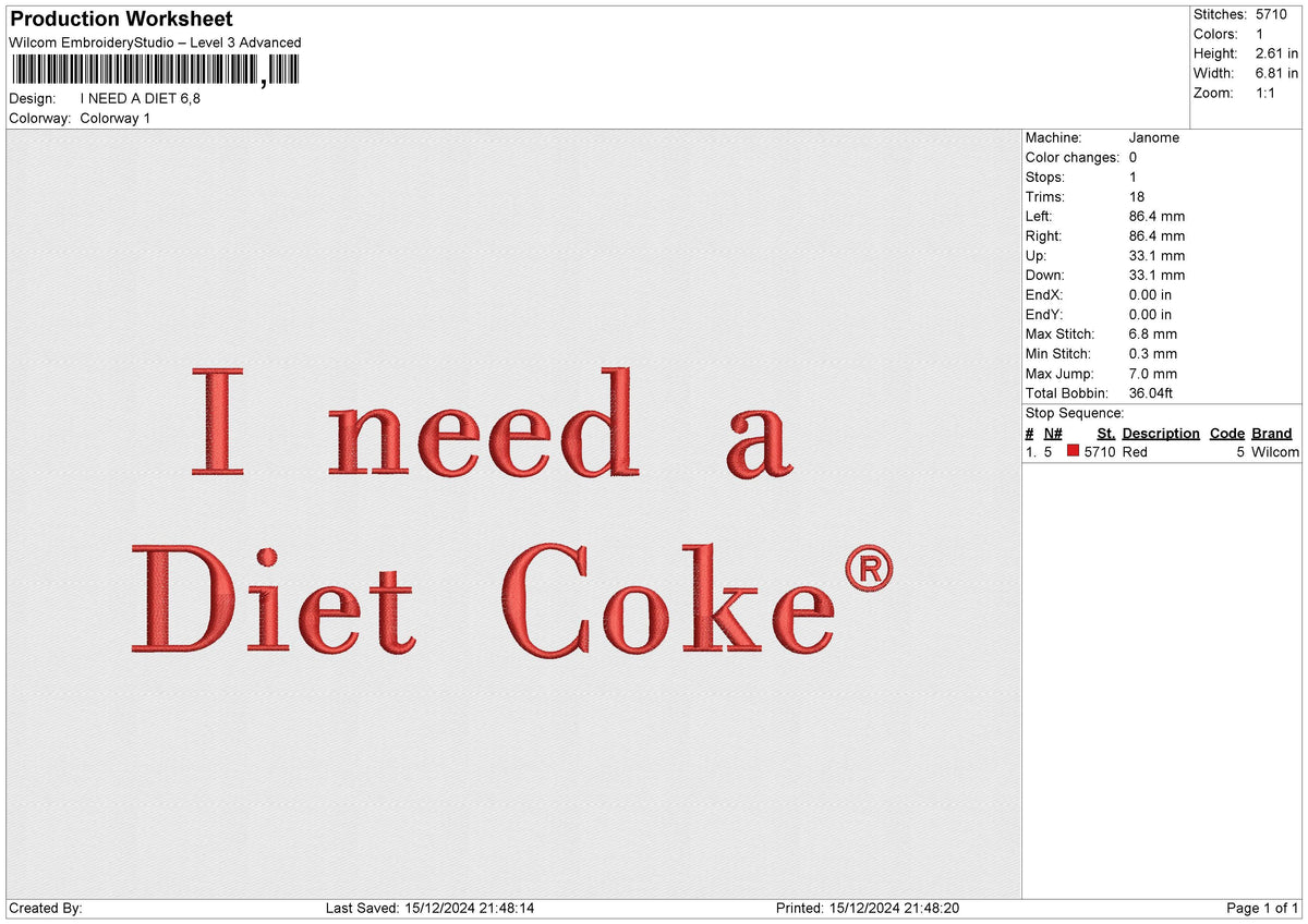 I NEED A DIET Embroidery File 6 size
