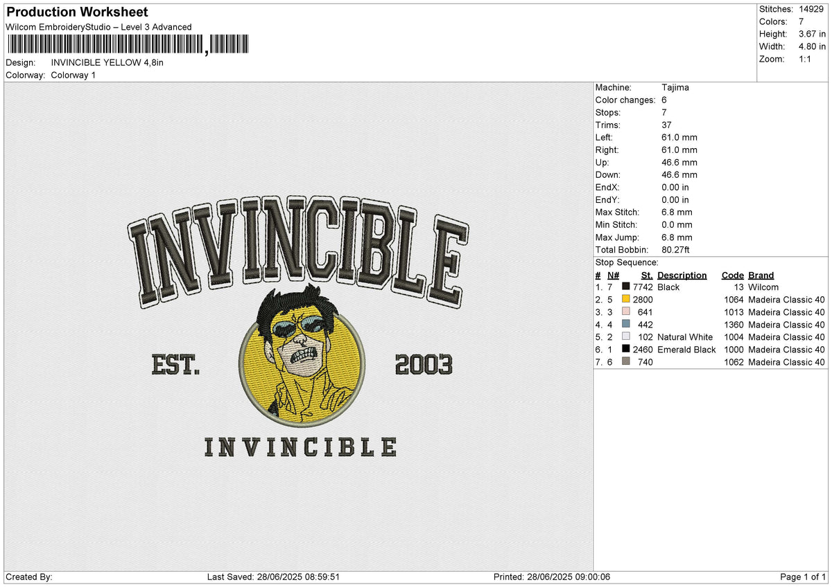 INVINCIBLE YELLOW Embroidery File 6 size