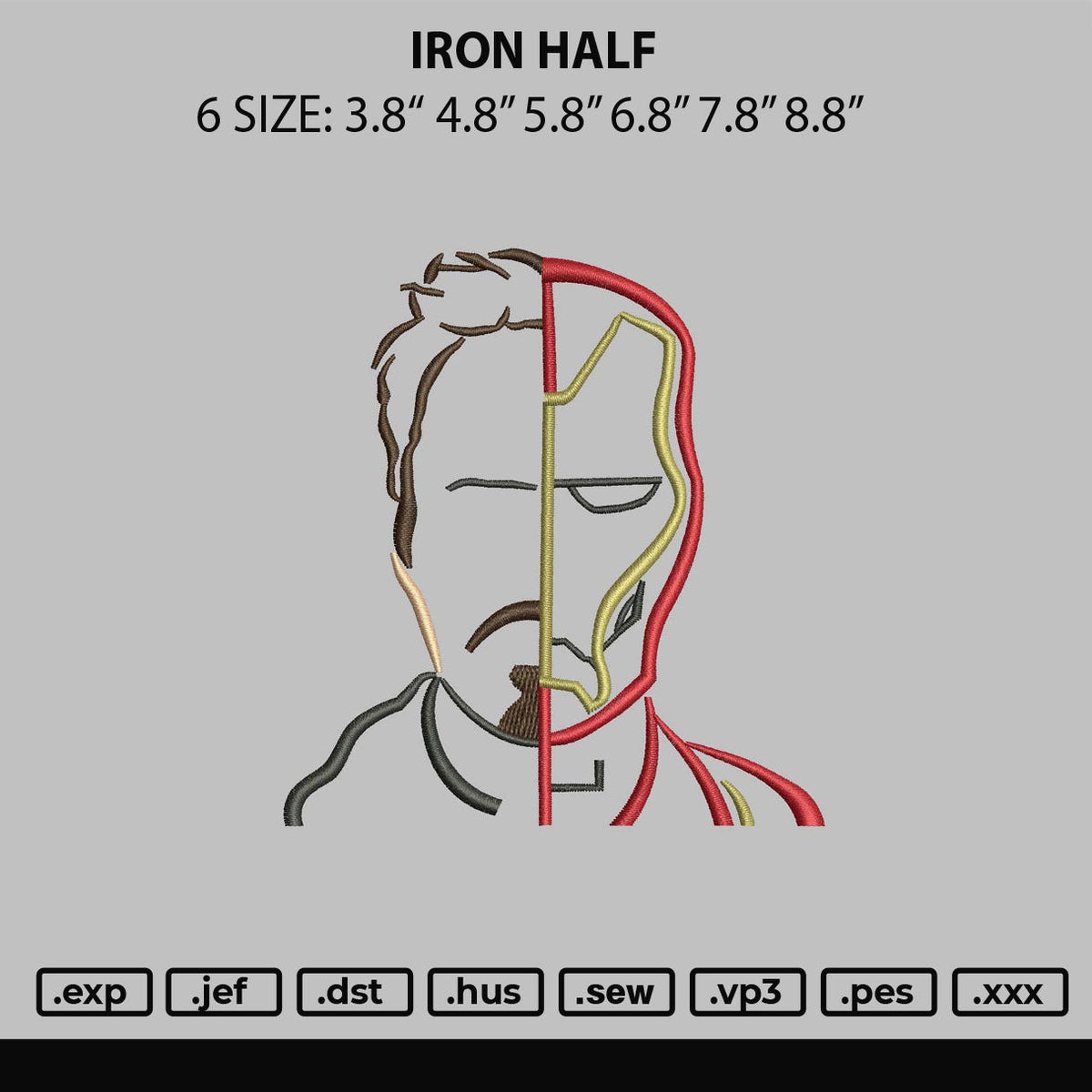 Iron Half Embroidery File 6 sizes