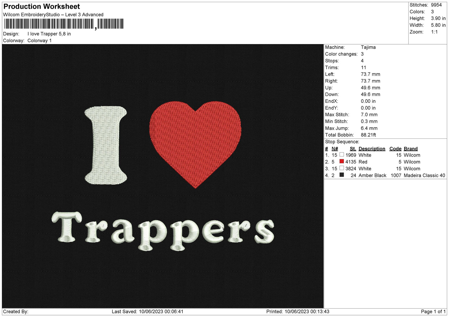 I Love Trapper Embroidery