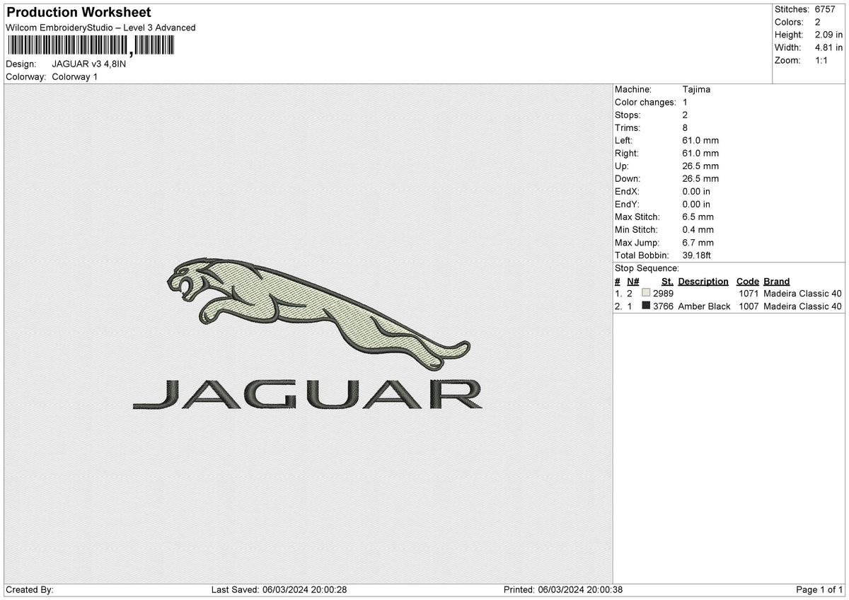JAGUAR v3 Embroidery File 6 size