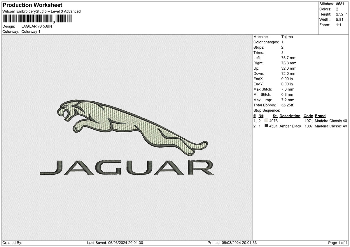 JAGUAR v3 Embroidery File 6 size
