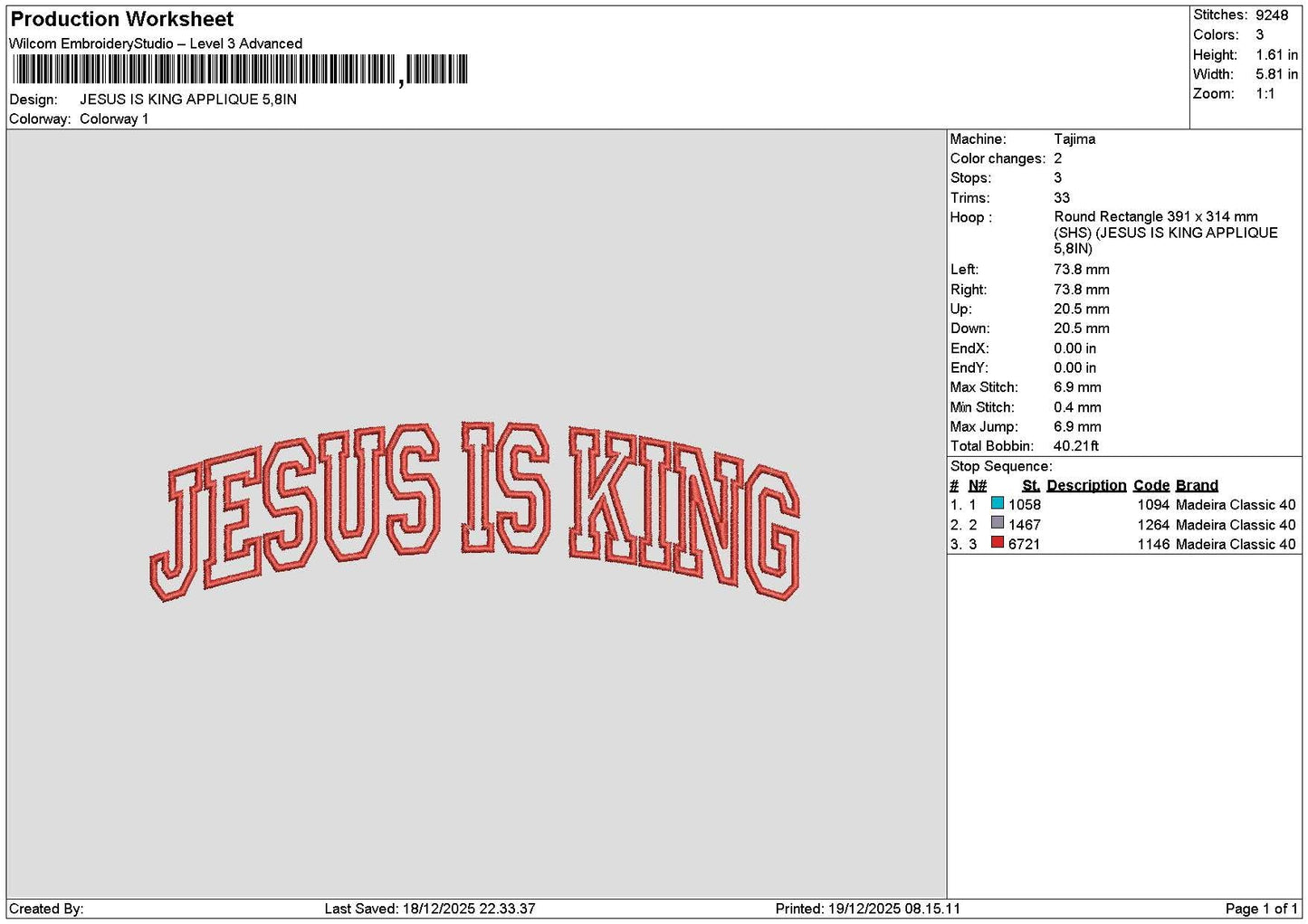 Jesustext 1912 Embroidery File 6 sizes