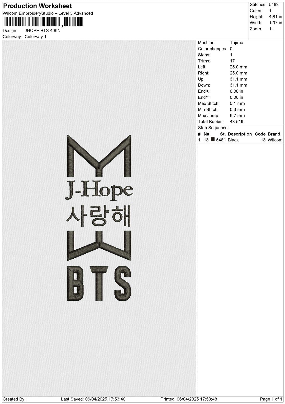 JHOPE BTS Embroidery File 6 size