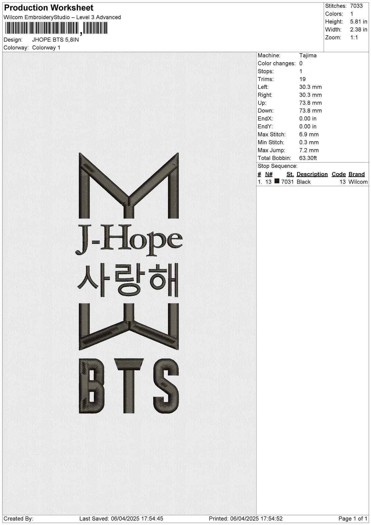 JHOPE BTS Embroidery File 6 size