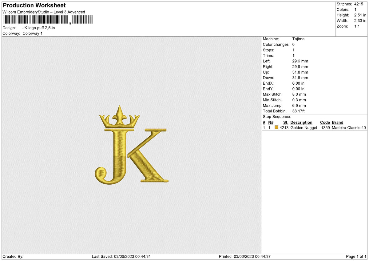 JK logo puff Embroidery File 6 size
