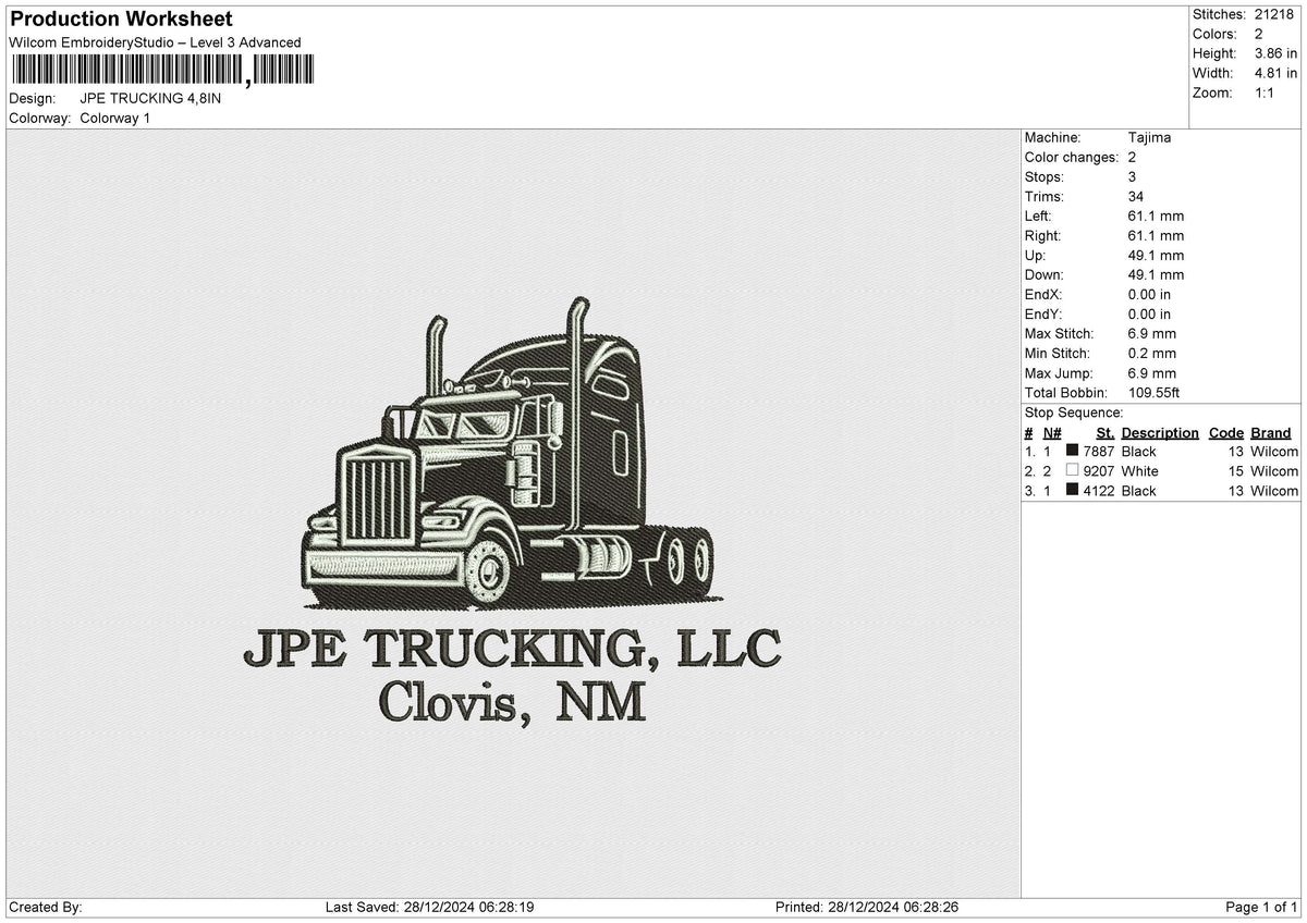 JPE TRUCKING Embroidery File 6 size